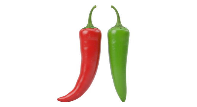 A fiery red chili dances beside a vibrant green pepper a playful culinary duet promising a spicy adventure against a
