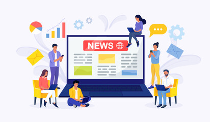 Online news content, electronic newspaper. Tiny people reading breaking news on big laptop screen. Information about activities, events, company announcements and information. Social media, news tips