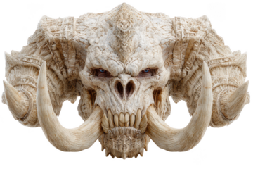 Intricate ancient beast skull with tusks and blue eyes isolated on transparent background