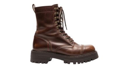 A rugged well worn leather combat boot ready to take on new adventures The rich brown reflects timeless journeys with a