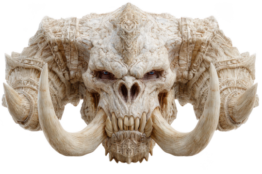 Intricate ancient beast skull with tusks and blue eyes isolated on transparent background - Powered by Adobe