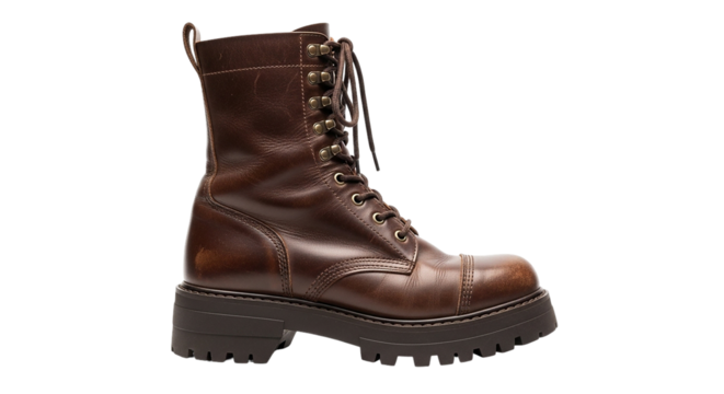 A rugged well worn leather combat boot ready to take on new adventures The rich brown reflects timeless journeys with a
