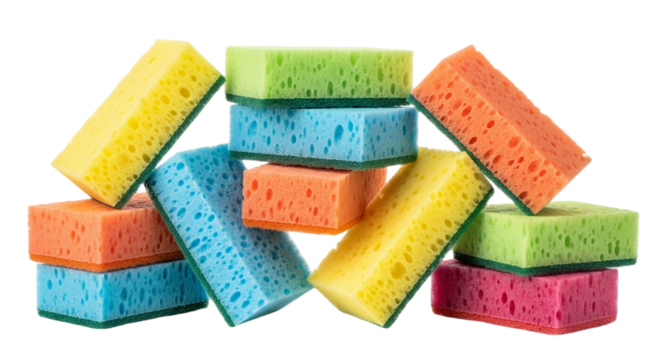 Bursting rainbow of cleaning hope Sponges stacked high promise fresh starts and squeaky clean surfaces against a stark