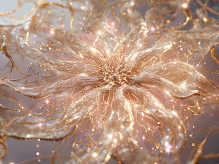 abstract flower organic luminous radiant translucent shimmering glowing ethereal dreamy intricate delicate sparkling golden light specks soft blurred background focus artistic surreal fantasy design