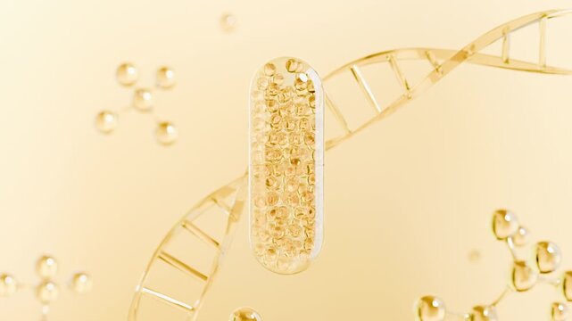 3D render of a transparent capsule filled with golden particles, floating in front of abstract DNA strands and liquid bubbles. Perfect for pharmaceutical or supplement ads.