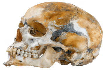Detailed side view of an aged human skull with weathered bone texture isolated on transparent background