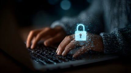Cyber security network. Data protection concept. Businesswoman using laptop computer with digital padlock on internet technology networking with cloud computing and data management, cybersecurity