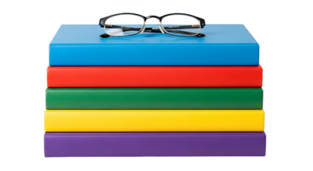 A stack of vibrant notebooks echoes the colors of a rainbow with glasses perched on top set against a stark black