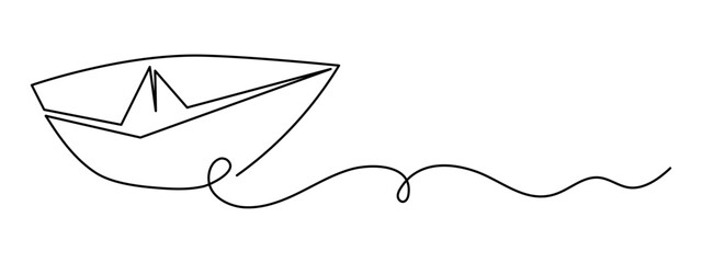 Paper boat origami one line art, hand-drawn ship sailing on wavy water river continuous contour. Trendy sea yacht sailboat travel journey trip outline minimalist linear symbol. Editable stroke. Vector