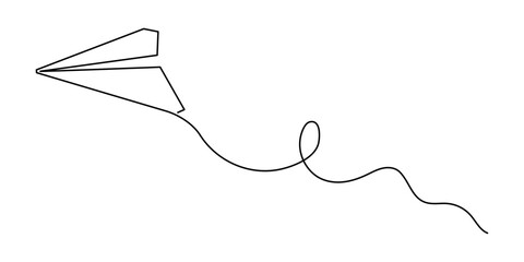 Paper plane origami one line art, hand-drawn airplane flying in air up continuous contour. Trendy aeroplane travel journey trip vacation outline minimalist linear symbol. Editable stroke