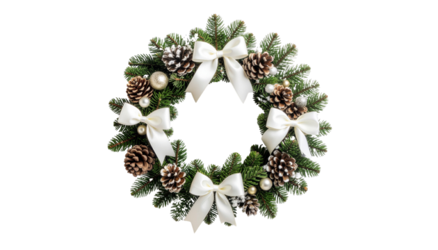 Christmas Wreath with white Bows isolated on solid white background Png