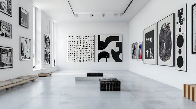 Modern art gallery exhibition with black and white abstract paintings