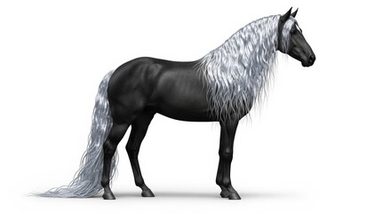 Fototapeta premium A striking black horse with a long, flowing silver mane and tail stands elegantly against a white background.