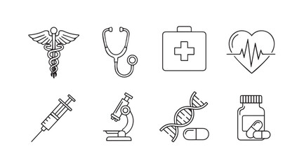 Collection of medical icons in a simple hand drawn silhouette style