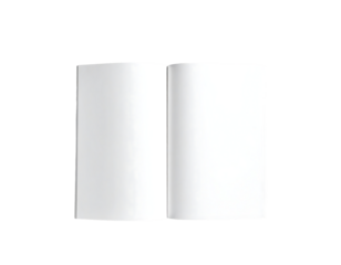 A digitally rendered image of a blank, open book with crisp white pages and subtle shadowing, suggesting a three-dimensional effect