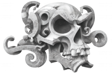 Intricate ornate skull with swirling tentacle like appendages isolated on transparent background