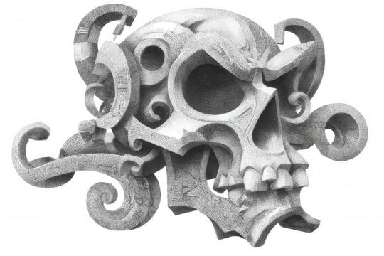 Intricate ornate skull with swirling tentacle like appendages isolated on transparent background