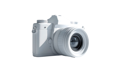 A pristine white DSLR camera, angled slightly, showcases its lens and body details against a black background, highlighting its sleek, minimalist design