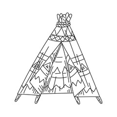 teepee, Native American dwelling in style doodle. nomadic dwelling made of sticks and animal skin, tied together with ropes and painted with symbols. An engraving, graphic, hatching. American Indians