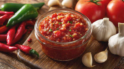 Fresh homemade chili salsa in a glass jar, surrounded by raw ingredients including red chilies, green peppers, garlic cloves and tomatoes on a rustic wooden surface.