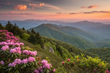 Obraz premium Blue Ridge Parkway Sunset over Rhododendron Flowers