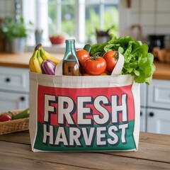 Reusable grocery bag filled with fresh produce in a kitchen