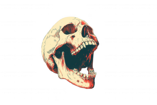 Screaming human skull with open jaw isolated on transparent background