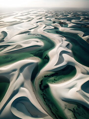 unique landscape of vast white sand dunes with striking freshwater lagoons creating breathtaking natural scenery resembling brazil lençóis maranhenses desert oasis under clear blue sky