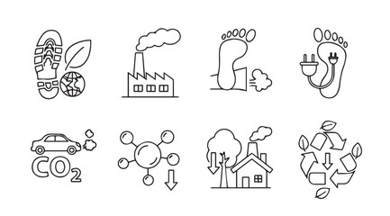 Collection of environmental icons representing sustainability and carbon footprint silhouette
