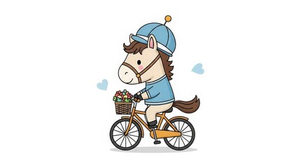 Fototapeta premium A cute cartoon horse wearing a blue helmet and shirt, riding a bicycle with a basket of flowers.
