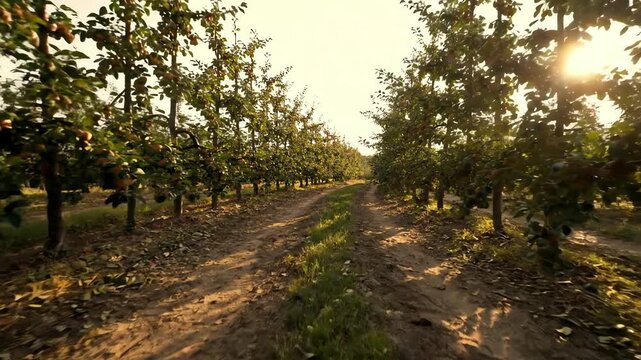 Golden hour sunlight illuminates a long dirt path winding through a lush apple orchard with rows of fruit-laden trees.