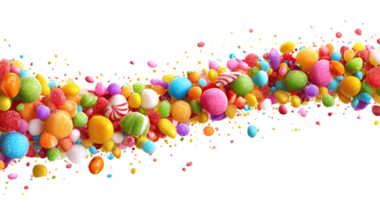 Colorful candy falling in rainbow stream, Halloween sweets design, isolated on transparent background