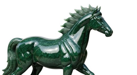 Fototapeta premium A majestic green jade horse sculpture with flowing mane and tail, captured in a dynamic pose.