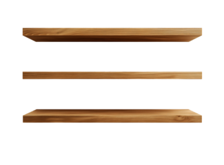 Three natural wooden modern floating shelves with wood grain texture on white or transparent background.