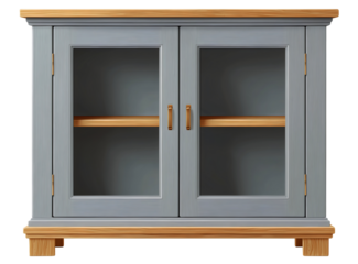 Gray wooden display cabinet with glass doors and natural wood accents on white or transparent background.
