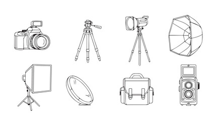 Collection of photography equipment illustrated in a distinctive silhouette style