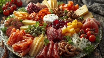 Sumptuous Charcuterie and Cheese Board Arrangement Featuring Cured Meats Fruits and Nuts