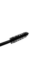 Close-up of a mascara wand laden with thick, black product, showcasing its texture and application