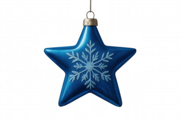 Blue star christmas tree ornament with snowflake pattern hanging, symbolizing winter holidays and festive decorations