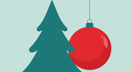 Minimalist Christmas illustration with a tree and a vibrant red ornament graphic