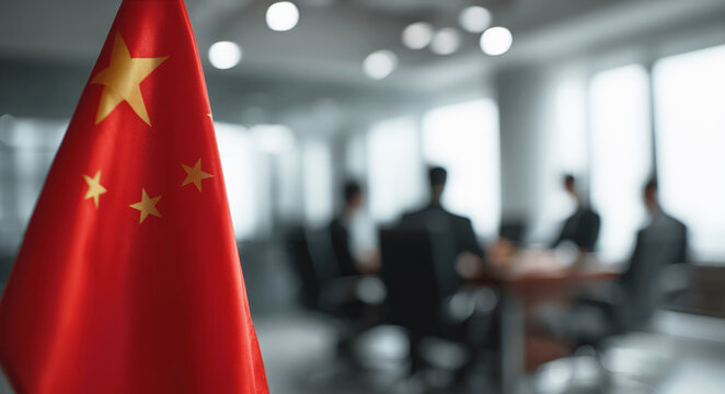 Chinese national flag in sharp focus inside a modern office, with executives blurred around a conference table—concept for business, diplomacy, negotiations, trade and economic policy.