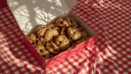 Box of homemade chocolate chip cookies on red checkered tablecloth in warm sunlight