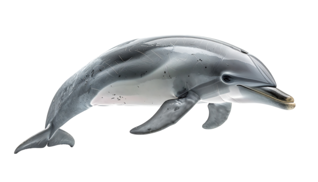 Sleek grey dolphin in profile, swimming, light underbelly, dark grey top, spotted markings visible