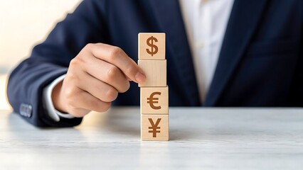 Hand stacking wooden blocks with currency symbols for financial growth