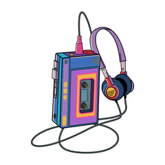 Retro Walkman Vector Illustration &mdash; Vintage Portable Cassette Player with Headphones Clipart