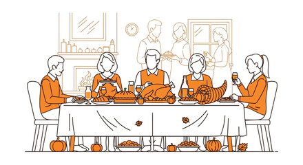 Fototapeta premium Illustration depicting family gathering for thanksgiving dinner, festive celebration and autumn