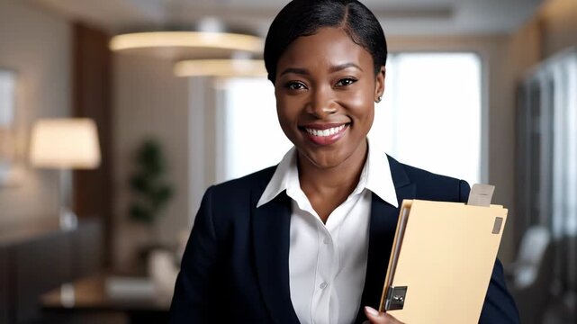 Confident African American Professional Woman Holding Files in Her Office