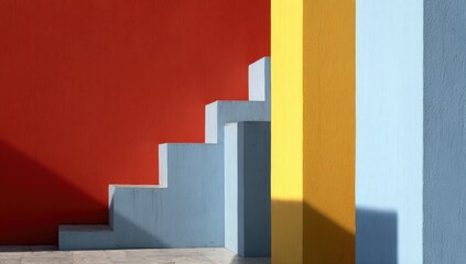 Geometric steps ascend a vibrant, colorful wall, featuring a striking interplay of light blue, yellow, and red.