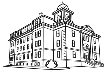 Architectural Marvel: A meticulously detailed line drawing showcases a distinguished building, its facade exhibiting a sense of stately elegance and historical charm.