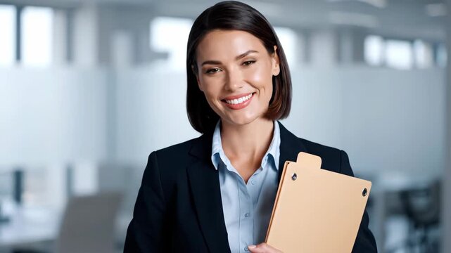 Smiling Business Woman in Office Holding a Manilla Folder at Daytime